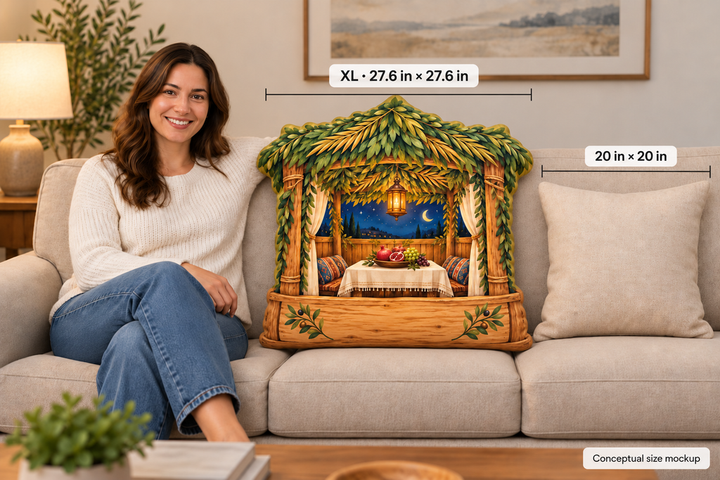 A woman sits on a beige sofa beside a large decorative throw pillow featuring a detailed illustrated night scene with a wooden cabana, green foliage, a table, and a moonlit sky. White dimension labels reading XL 27.