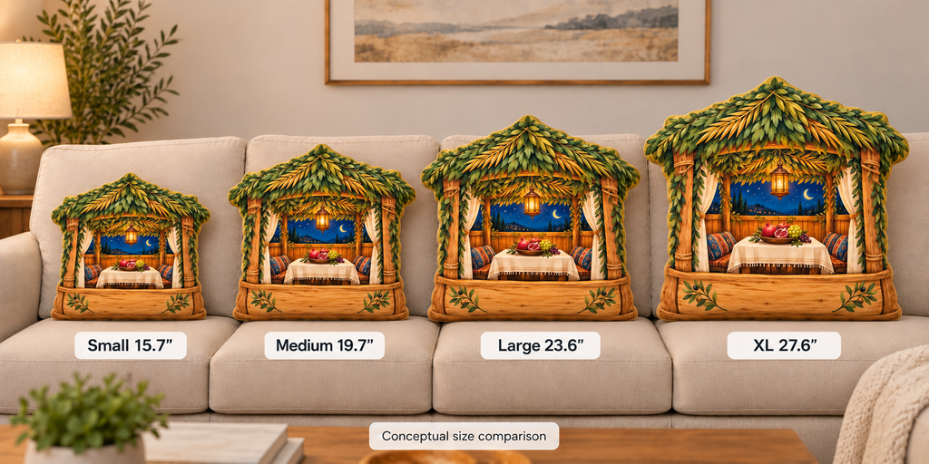 Four decorative throw pillows arranged on a beige sofa to show size comparison, labeled Small 15.7", Medium 19.