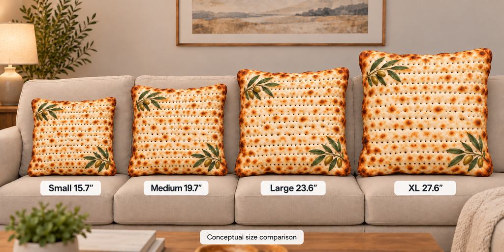 Four decorative throw pillows with a warm orange and yellow floral pattern and green leaf accents are arranged on a beige sofa in a living room setting. White labels below each pillow indicate sizes: Small 15.