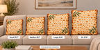 Four decorative throw pillows with a warm orange and yellow floral pattern and green leaf accents are arranged on a beige sofa in a living room setting. White labels below each pillow indicate sizes: Small 15.
