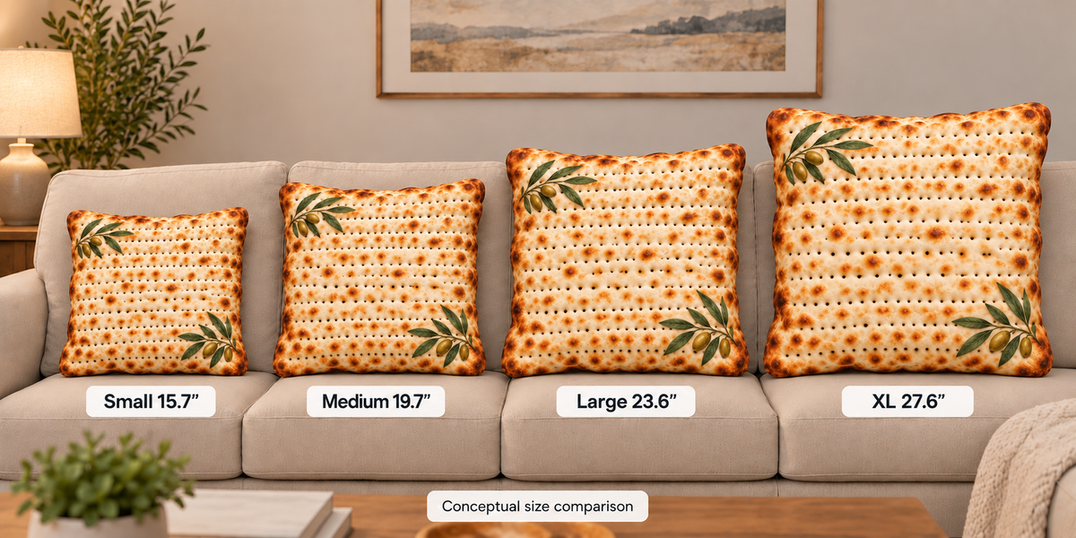 Four decorative throw pillows with a warm orange and yellow floral pattern and green leaf accents are arranged on a beige sofa in a living room setting. White labels below each pillow indicate sizes: Small 15.
