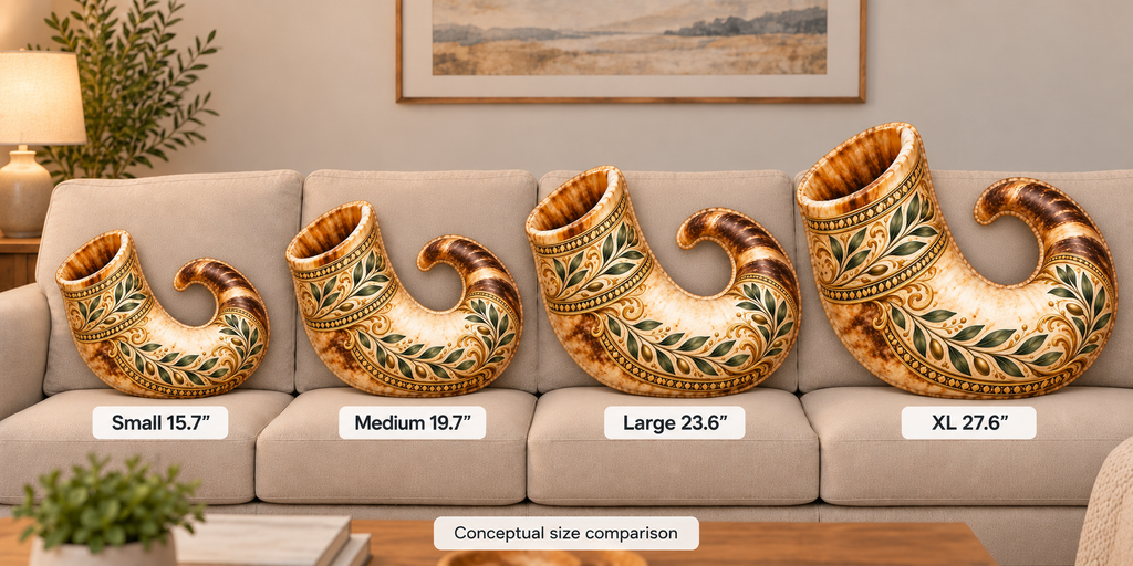 Four decorative horn-shaped shofar decorative pillows displayed on a beige sofa in a living room setting, labeled Small 15.7", Medium 19.