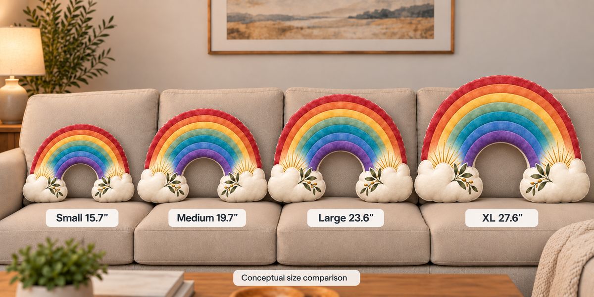 Four rainbow-shaped throw pillows in different sizes displayed on a beige sofa in a living room setting, with size labels reading Small 15.7", Medium 19.