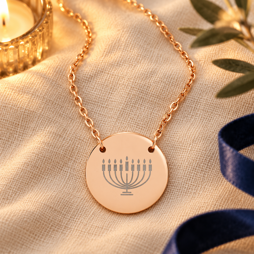 Engraved Hanukkiah Necklace | 18mm Hanukkah Pendant in Rose Gold or Rainbow