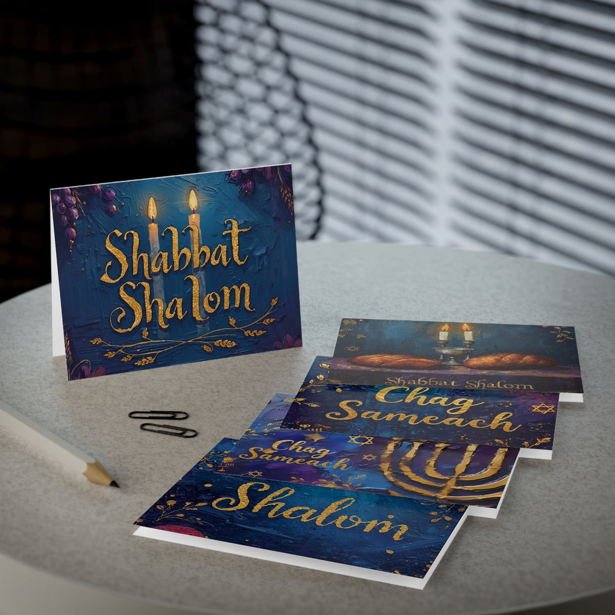 Jewish Greeting Card Set of 5 - Shabbat Shalom, Chag Sameach, Shalom - Oil Painting Style Judaica Notecards with Envelopes