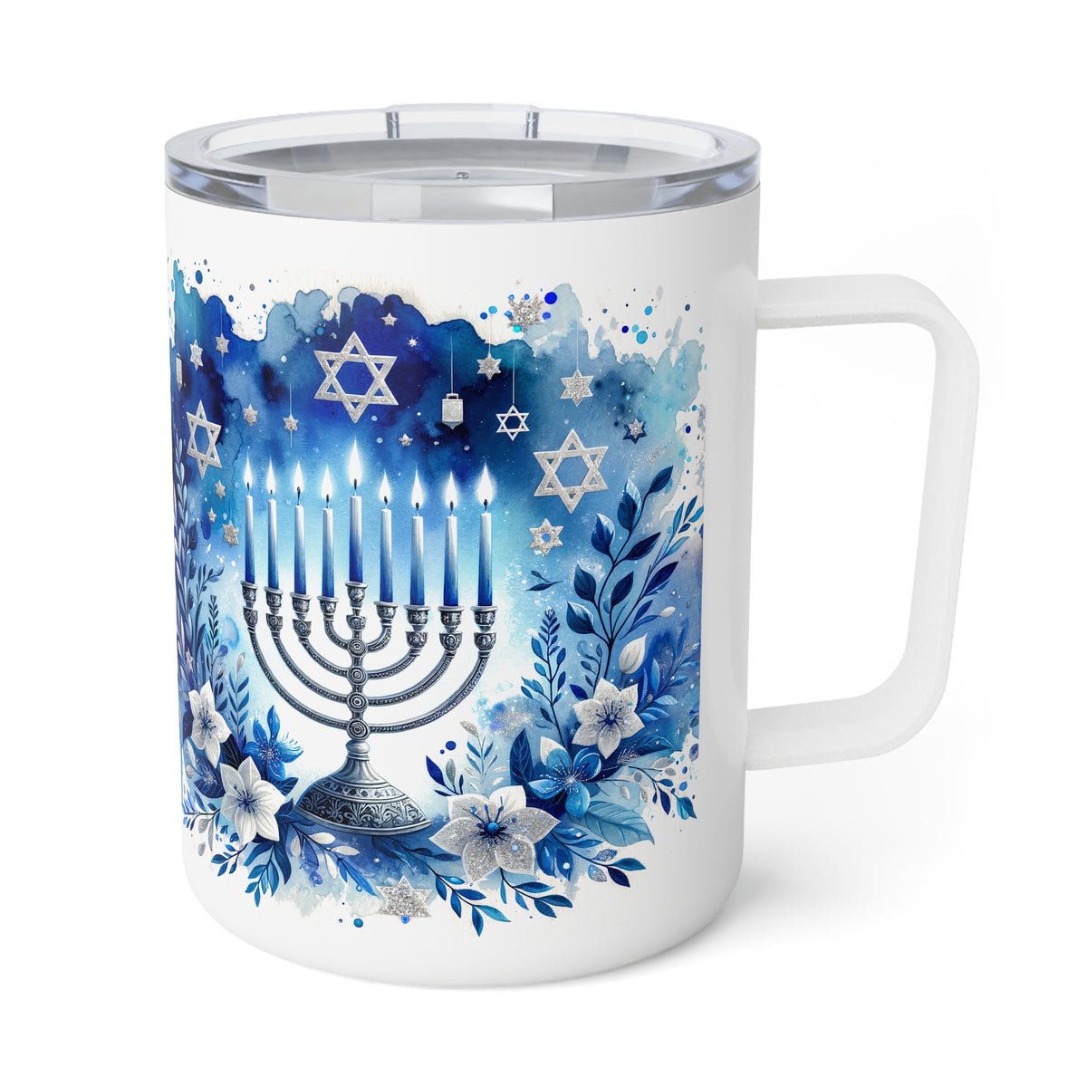 A white insulated tumbler with a clear lid and a large handle, decorated with a blue watercolor design featuring a menorah, stars, and floral motifs.
