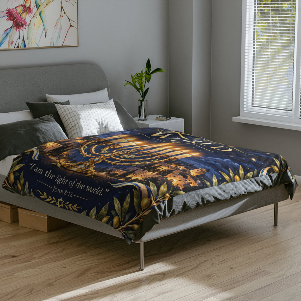 Yeshua Light of the World Hanukkah Blanket – John 8:12 Messianic Velveteen Throw | Festival of Lights Gift
