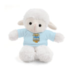 White plush lamb toy wearing a light blue shirt with text and a graphic on a white background