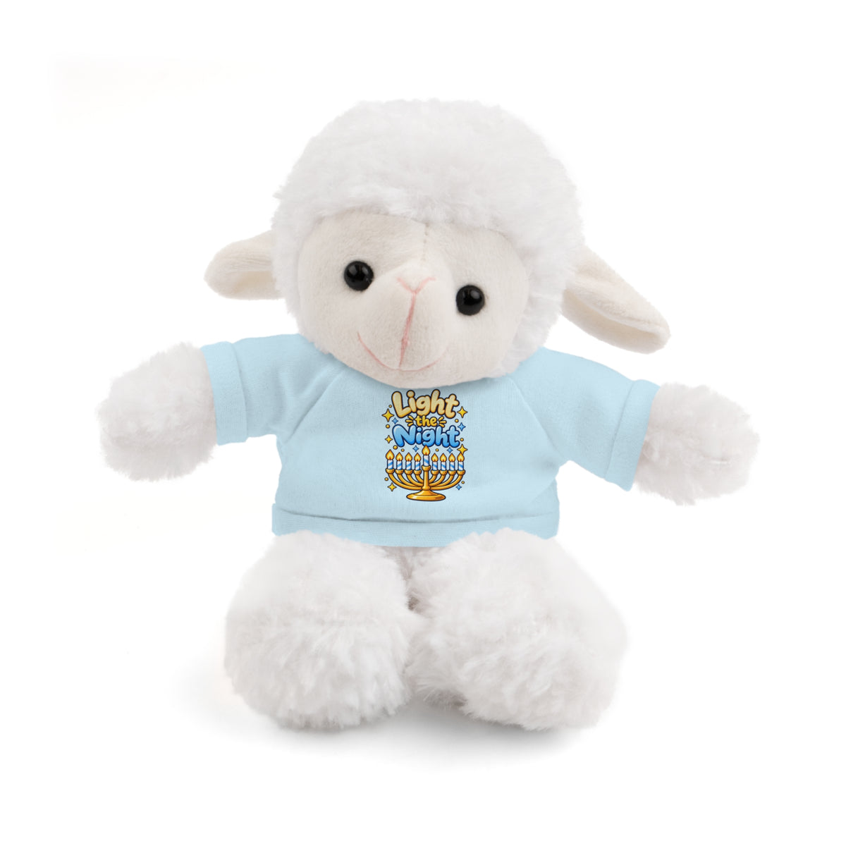White plush lamb toy wearing a light blue shirt with text and a graphic on a white background