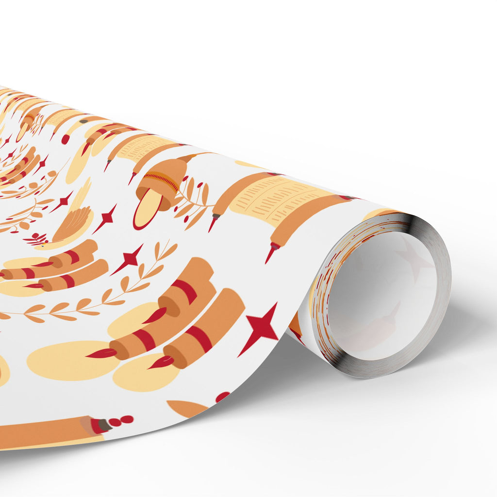 Golden Candle & Scroll Judaica Gift Wrap | Warm Red and Gold Holiday Wrapping Paper