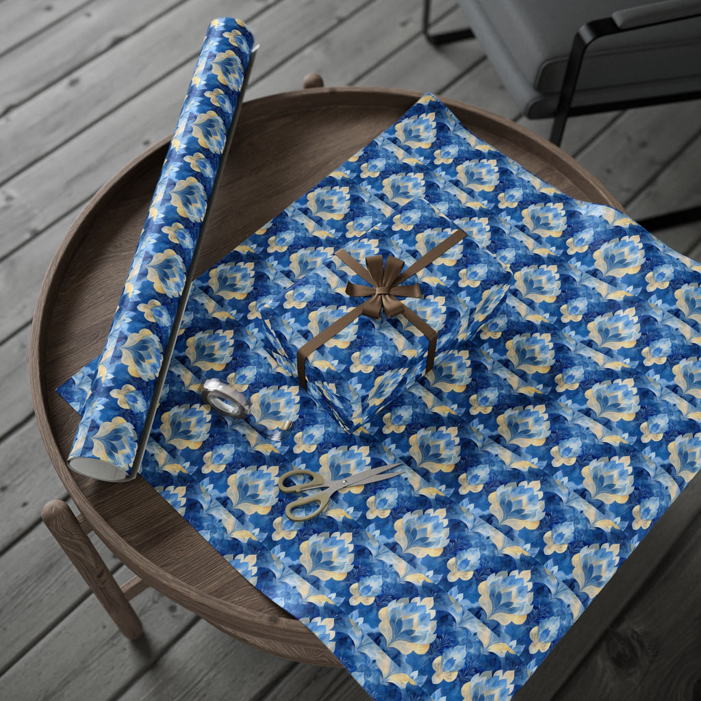Blue & Gold Floral Wrapping Paper  |  Elegant Judaica Gift Wrap