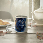 A white ceramic mug with a printed blue lion illustration and the quote 'THE RIGHTOUS ARE BOLD AS A LION Proverbs 16:42' sits on a wooden table in a cozy kitchen setting with a teapot, plate, and leaves.