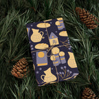 Shabbat Wrapping Paper | Elegant Navy & Gold Judaica Gift Wrap with Candles, Challah, Stars |