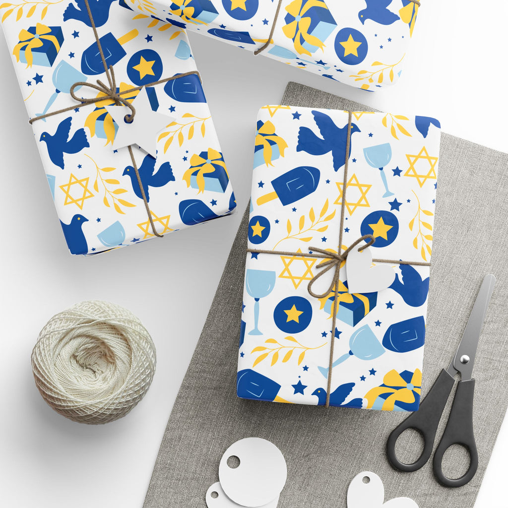 Blue Dove & Star of David Gift Wrap with Olive Branches and Dreidels
