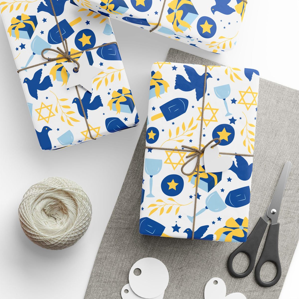 Blue Dove & Star of David Gift Wrap with Olive Branches and Dreidels