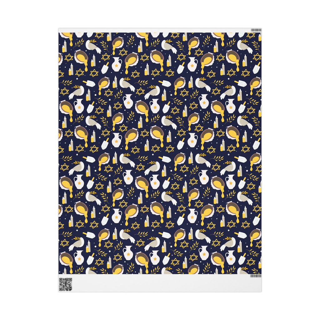 Navy & Gold Judaica Gift Wrap with Doves, Candles, and Stars of David