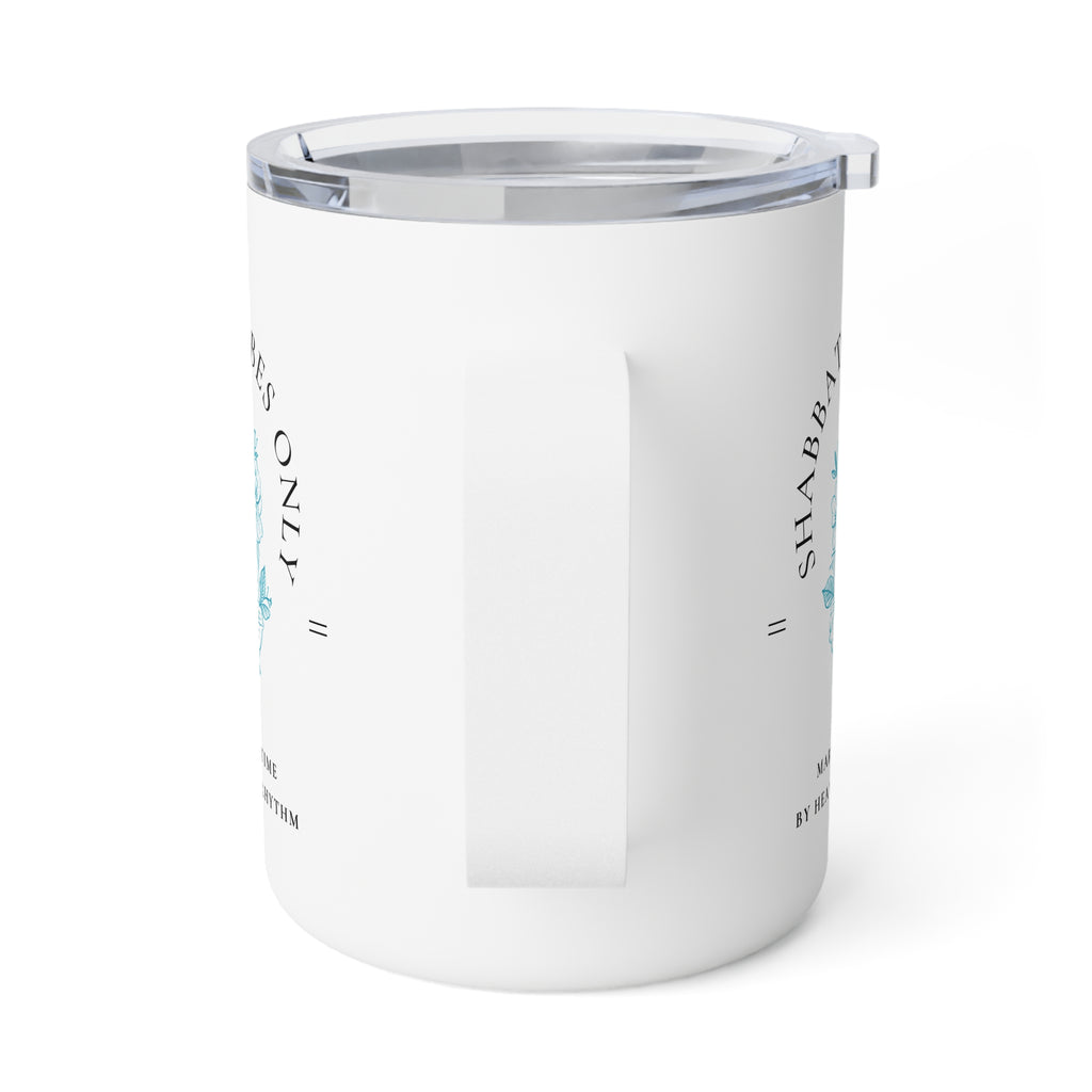A white insulated tumbler with a clear lid and a vertical light blue stripe pattern, shown on a clean white background.