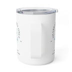 A white insulated tumbler with a clear lid and a vertical light blue stripe pattern, shown on a clean white background.
