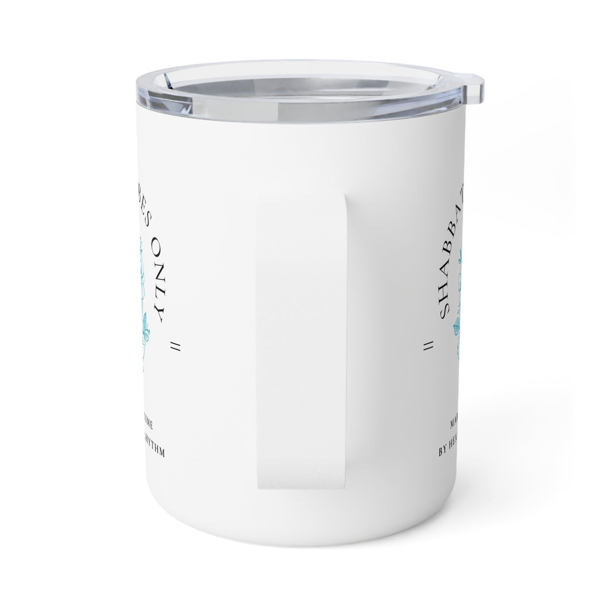 A white insulated tumbler with a clear lid and a vertical light blue stripe pattern, shown on a clean white background.