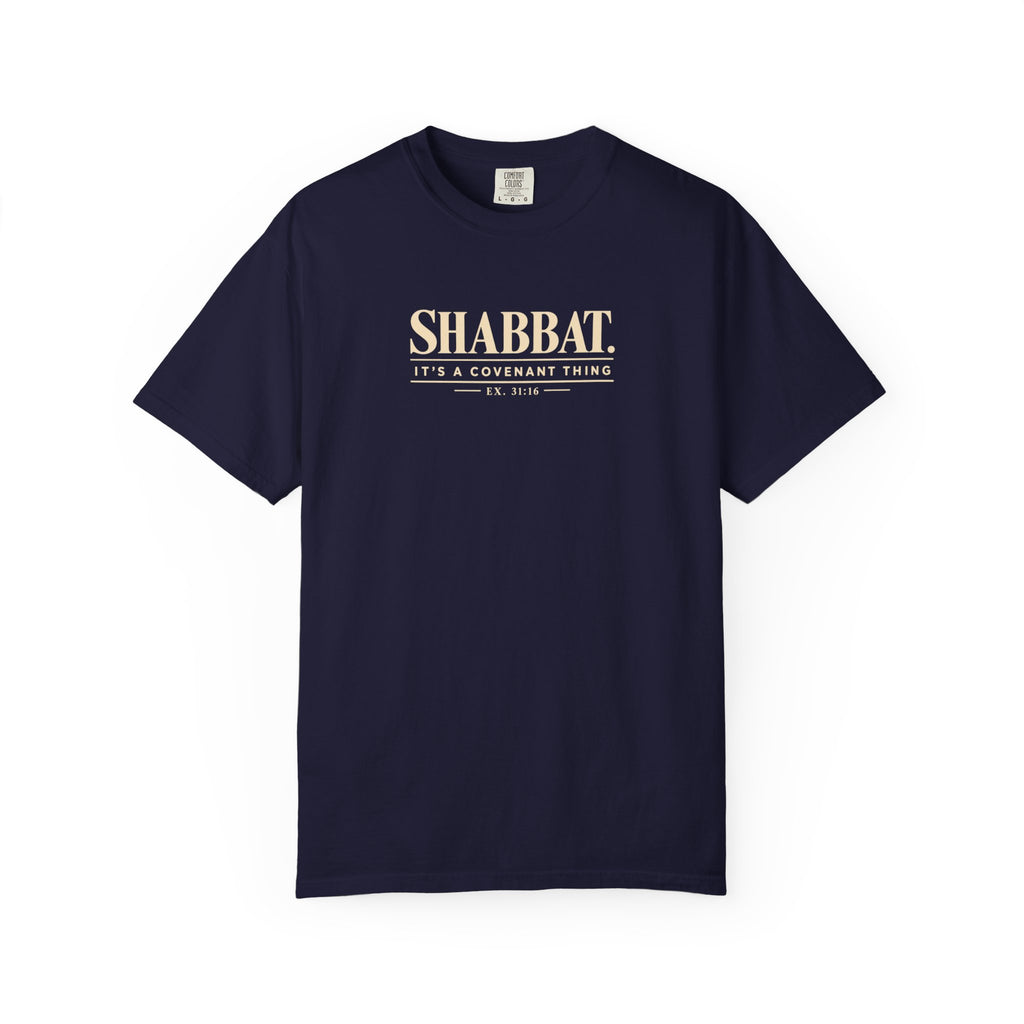 Navy blue t-shirt with white text on a white background