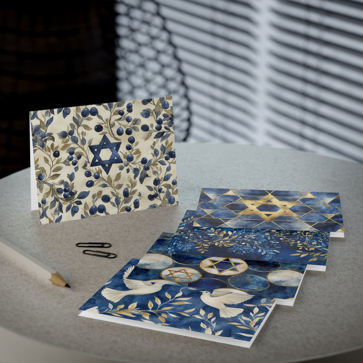 Greeting Card Set of 5 - Elegant Blue & Gold Star of David, Olive Branch, and Dove Notecards with Envelopes