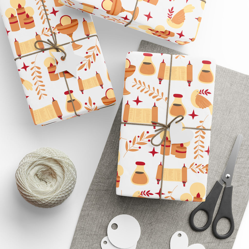 Golden Candle & Scroll Judaica Gift Wrap | Warm Red and Gold Holiday Wrapping Paper
