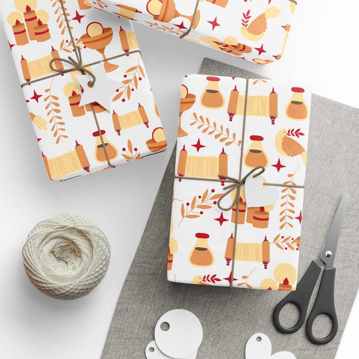 Golden Candle & Scroll Judaica Gift Wrap | Warm Red and Gold Holiday Wrapping Paper