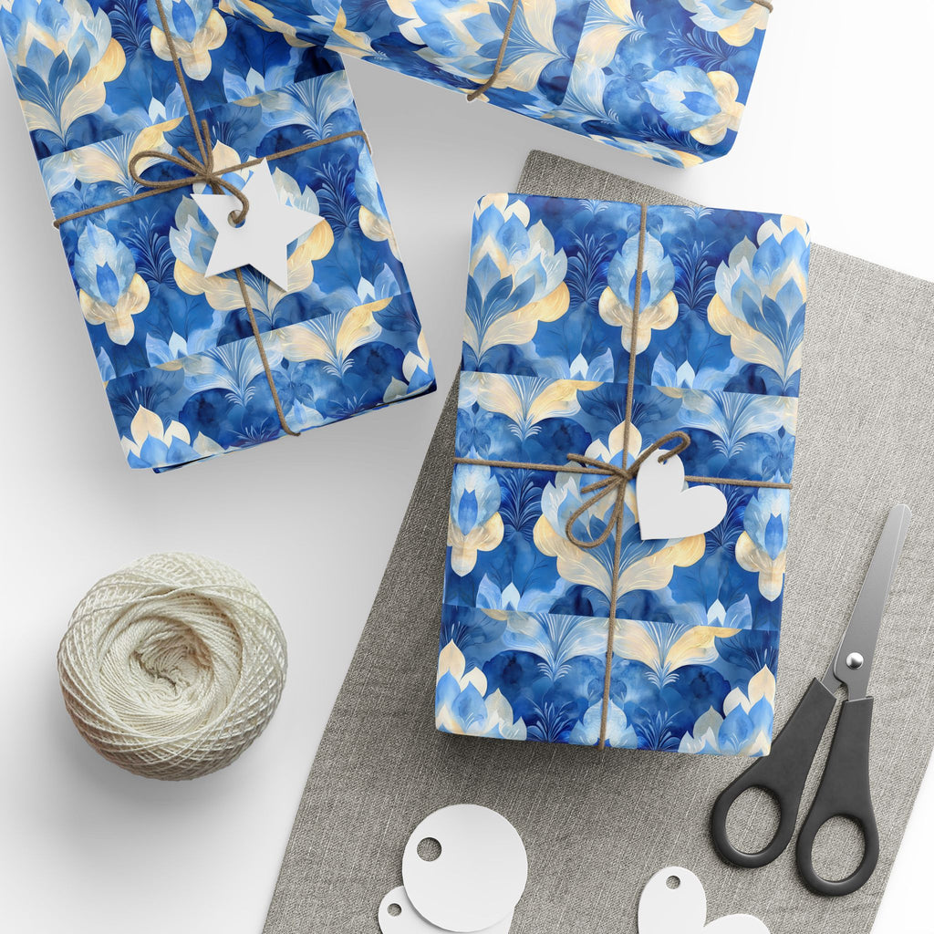 Blue & Gold Floral Wrapping Paper  |  Elegant Judaica Gift Wrap