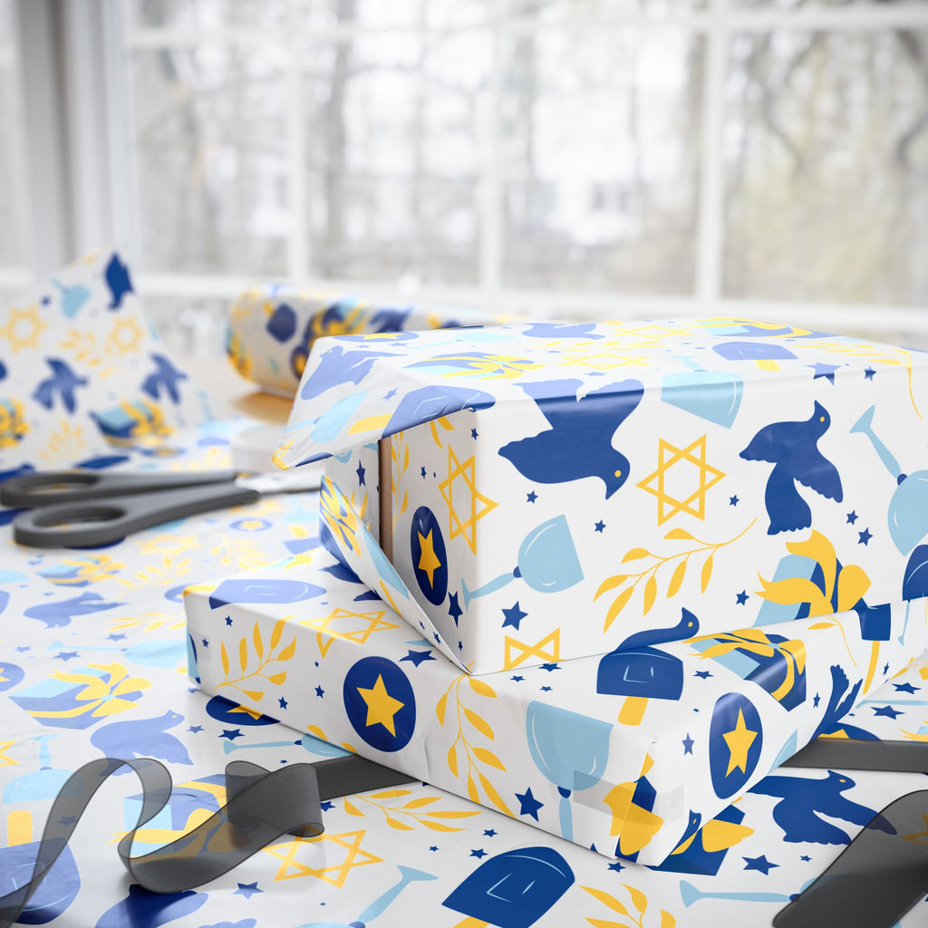Blue Dove & Star of David Gift Wrap with Olive Branches and Dreidels