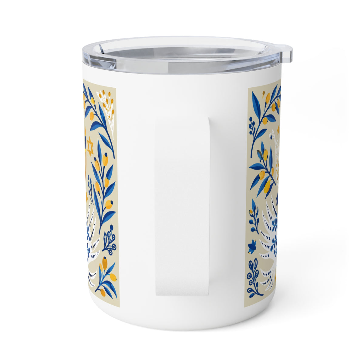 A white insulated travel tumbler with a clear lid and a vertical beige botanical pattern featuring blue leaves and yellow accents, shown on a white background.