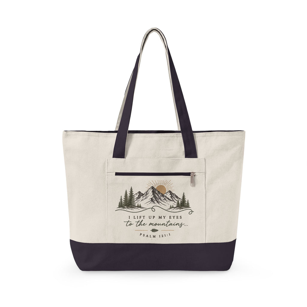 Canvas Tote Bag — Mountain Adventure Zip Tote with Sunrise Peak Design