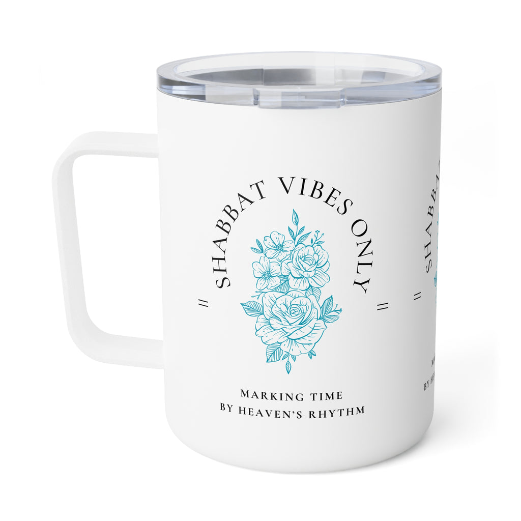 A white insulated mug with a clear lid, featuring a light blue floral illustration and the text 'SHABBAT VIBES ONLY' and 'MARKING TIME BY HEAVEN'S RHYTHM' on a clean white background.