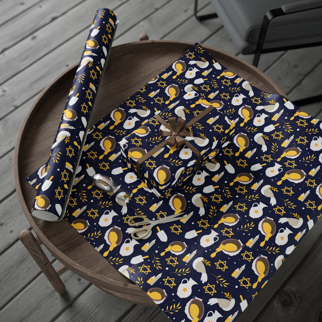 Navy & Gold Judaica Gift Wrap with Doves, Candles, and Stars of David