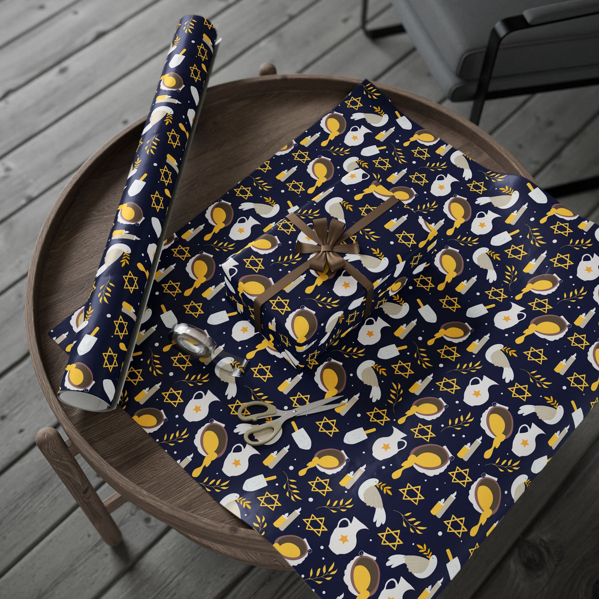 Navy & Gold Judaica Gift Wrap with Doves, Candles, and Stars of David