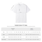 White short-sleeve t-shirt shown with measurement annotations for length and width, plus a Comfort Colors 1717 sizes chart below on a light gray background.