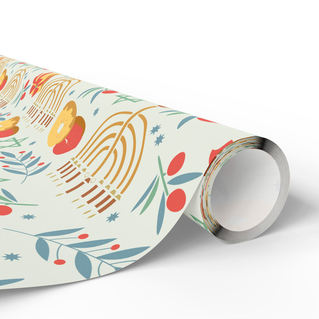 Hanukkah Wrapping Paper - Cream Judaica Gift Wrap with Menorahs & Olive Branches