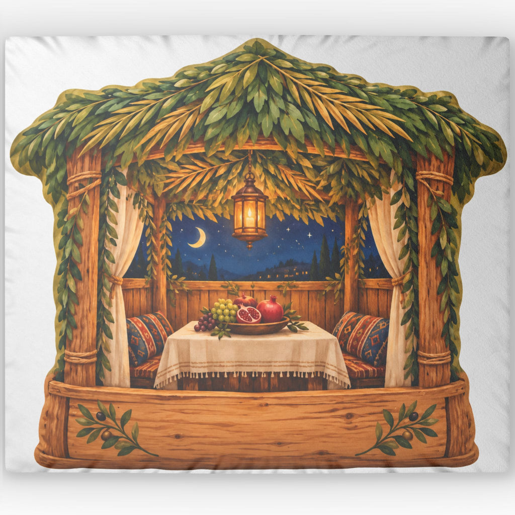 A square decorative pillow featuring a printed illustration of a rustic wooden cabana at night, with a table, fruit, hanging lantern, curtains, and a starry sky visible through the opening.