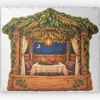 A square decorative pillow featuring a printed illustration of a rustic wooden cabana at night, with a table, fruit, hanging lantern, curtains, and a starry sky visible through the opening.