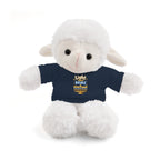 Plush lamb toy wearing a navy shirt with a Star of David and Hebrew text on a white background