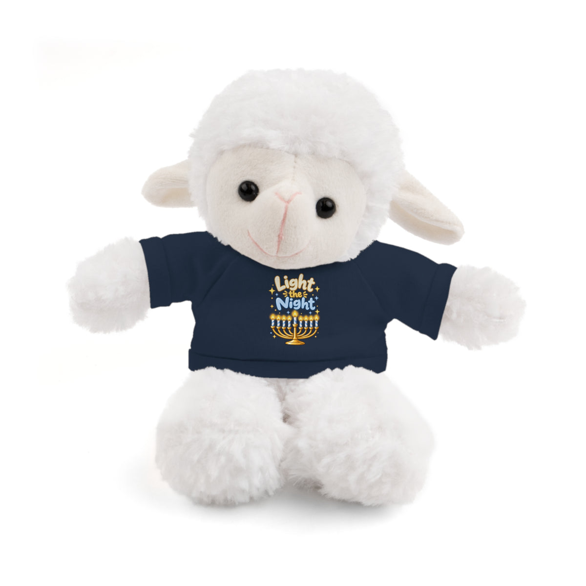 Plush lamb toy wearing a navy shirt with a Star of David and Hebrew text on a white background