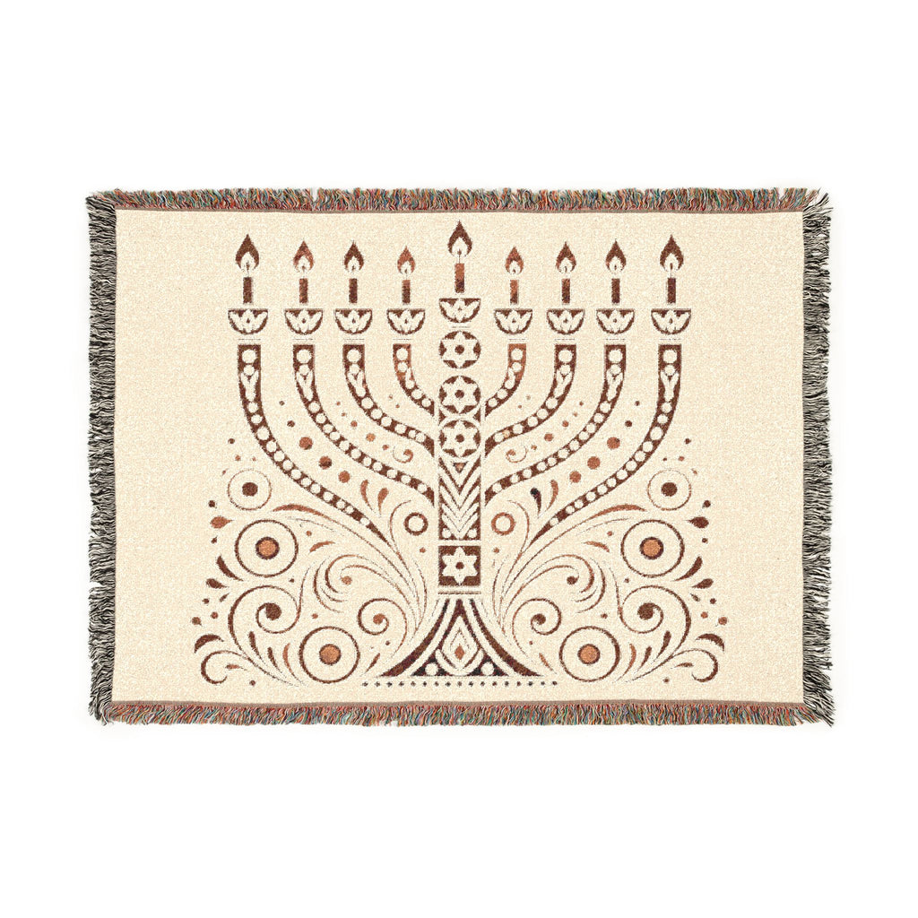 A rectangular woven throw blanket featuring a brown menorah design on a cream background, finished with fringed edges.