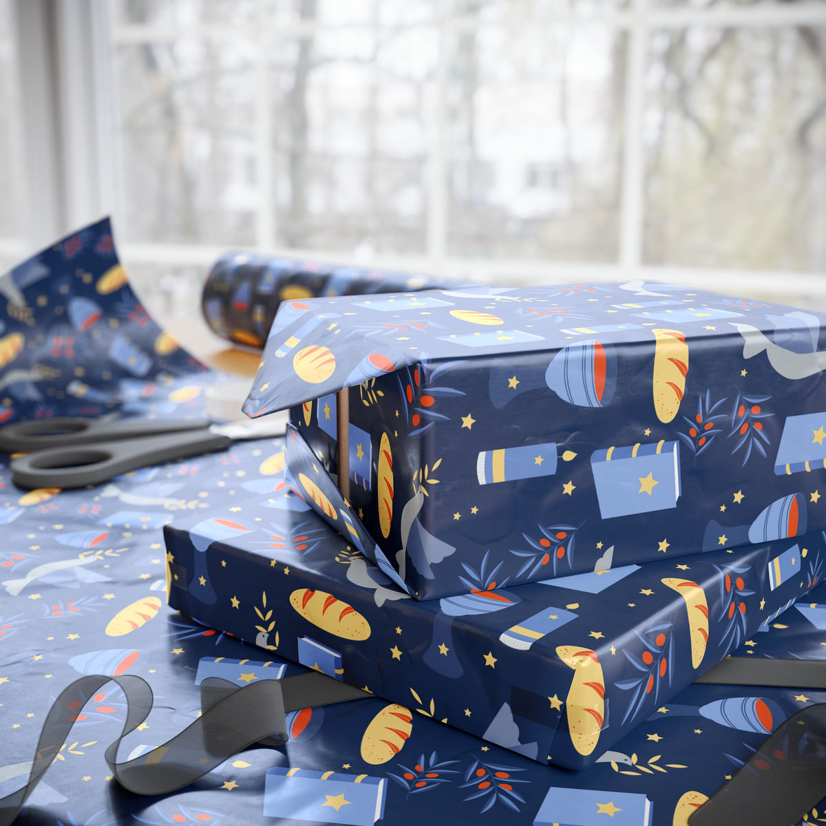 Judaica Gift Wrap with Challah, Kiddush Cup, Doves & Olive Branches