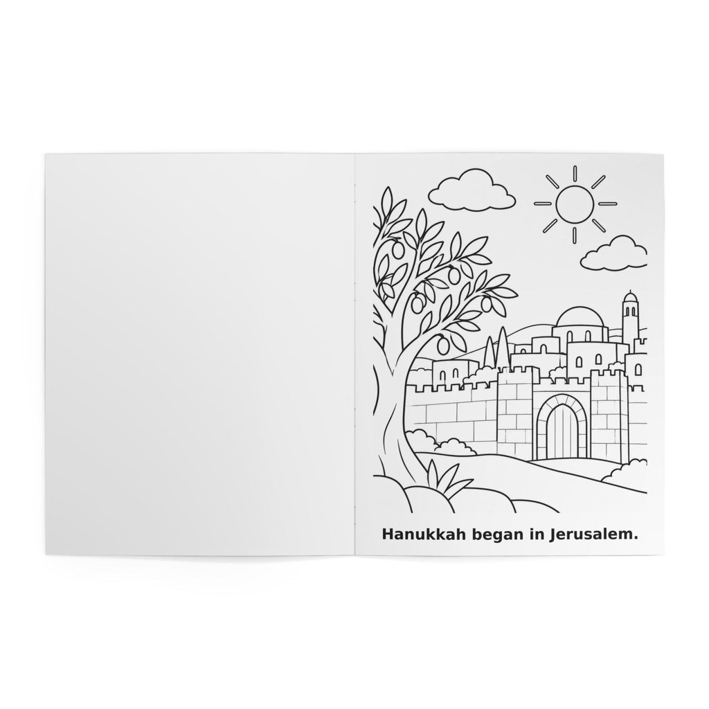 A white rectangular card or print with a black line drawing of Jerusalem, including a tree, clouds, sun, and cityscape, with the text 'Hanukkah began in Jerusalem.' at the bottom.