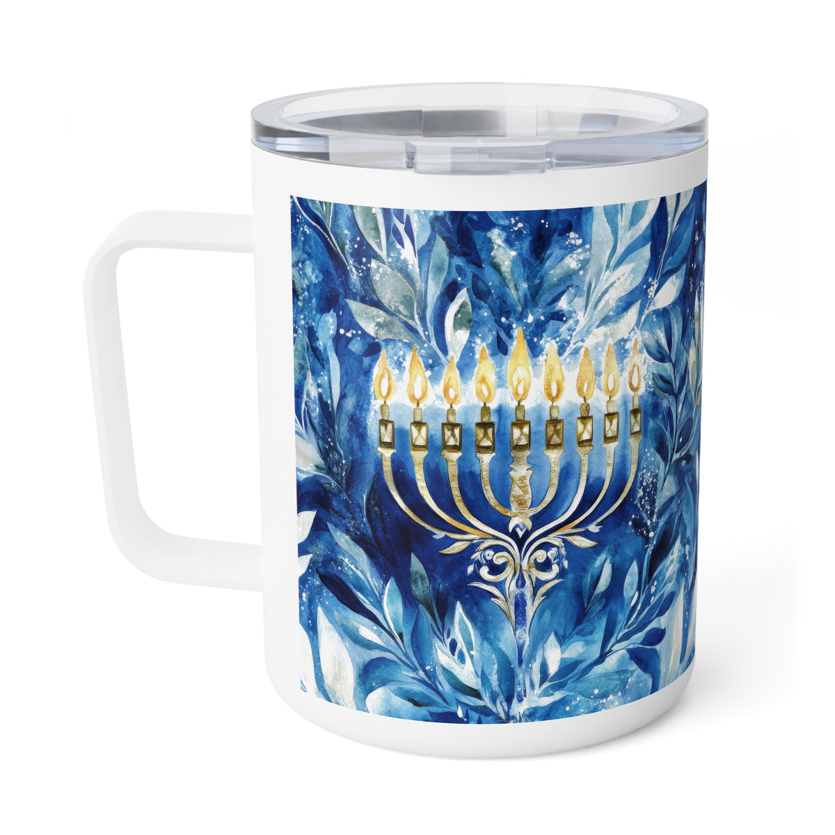 A white stainless steel tumbler with a clear lid, featuring a printed blue and white marbled floral pattern with a gold menorah in the center.