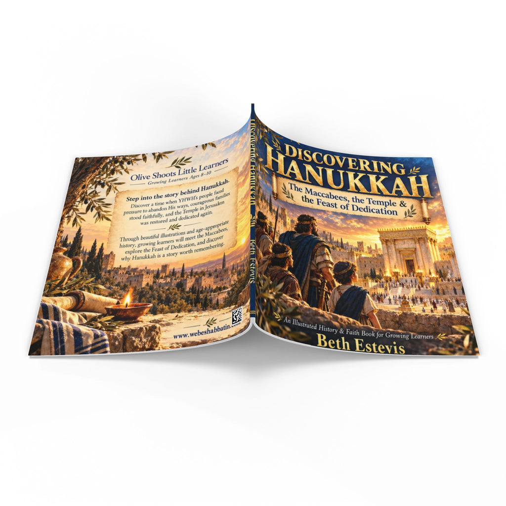 An open children's book titled 'Discovering the Hanukkah' by Beth Estevis, showing illustrated covers with warm autumn and festive scenes on a white background.