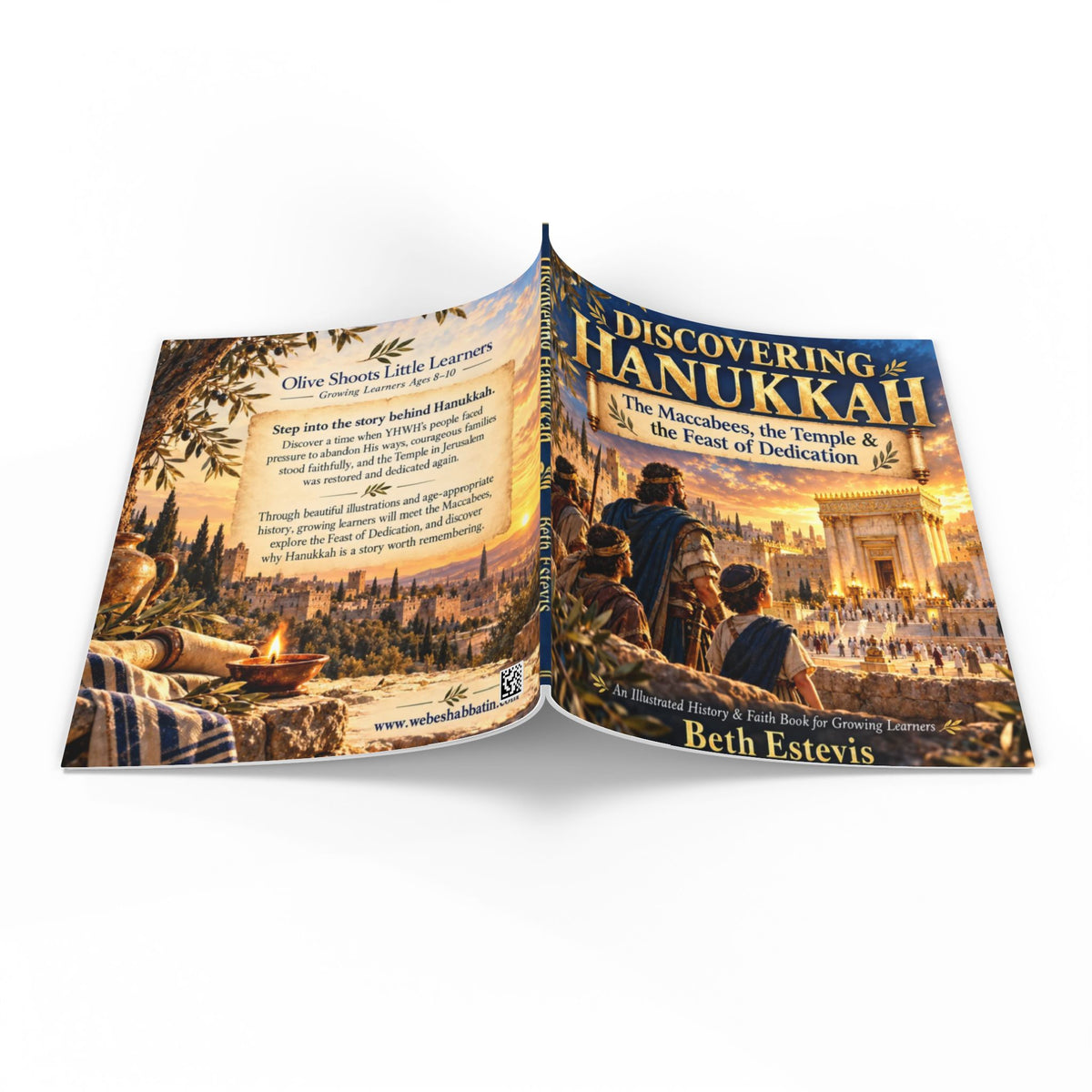 An open children's book titled 'Discovering the Hanukkah' by Beth Estevis, showing illustrated covers with warm autumn and festive scenes on a white background.