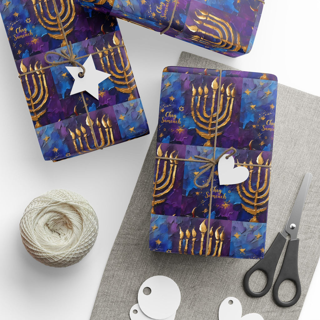 Menorah Gift Wrap in Purple & Gold |  Festival of Lights Gift Supplies