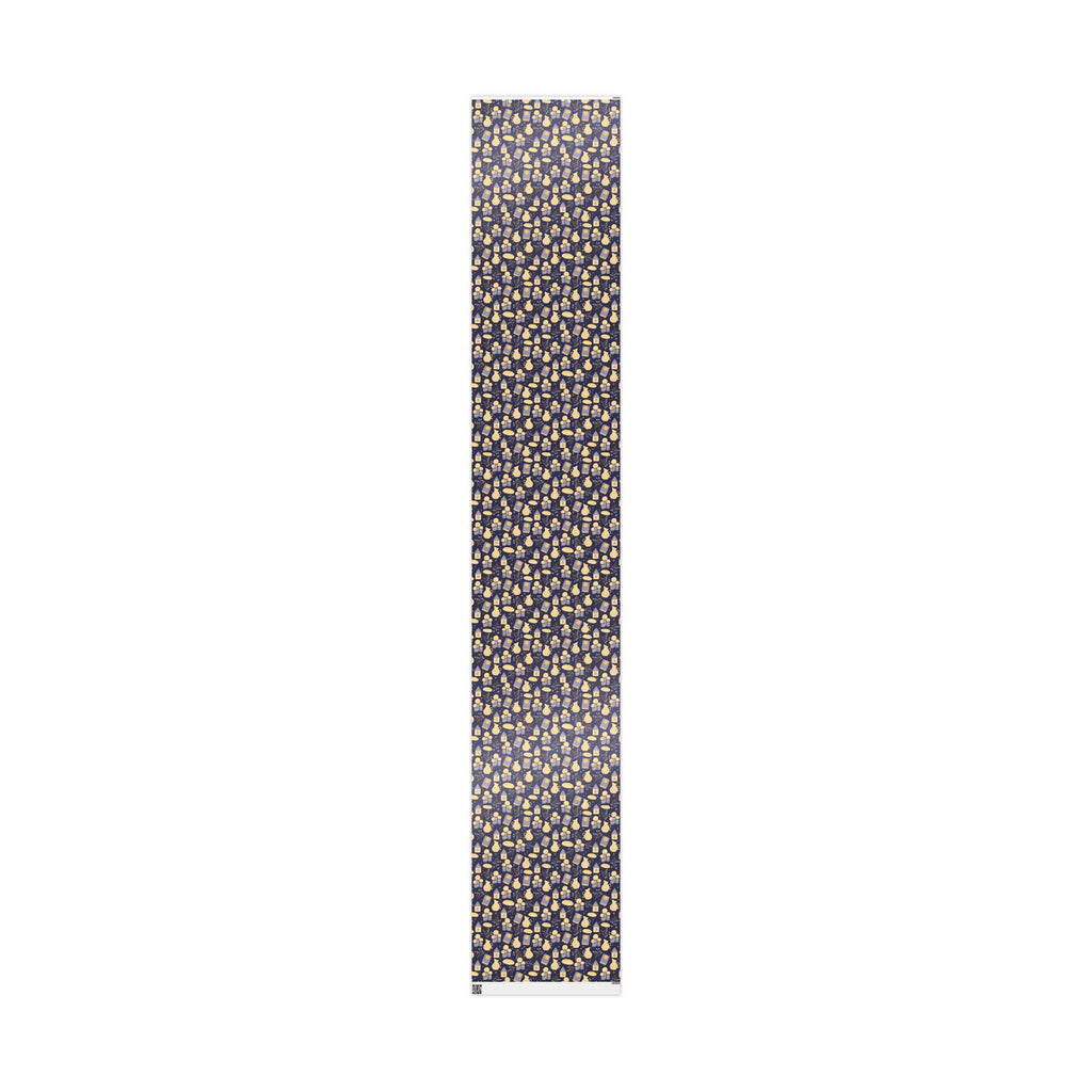 Shabbat Wrapping Paper | Elegant Navy & Gold Judaica Gift Wrap with Candles, Challah, Stars |