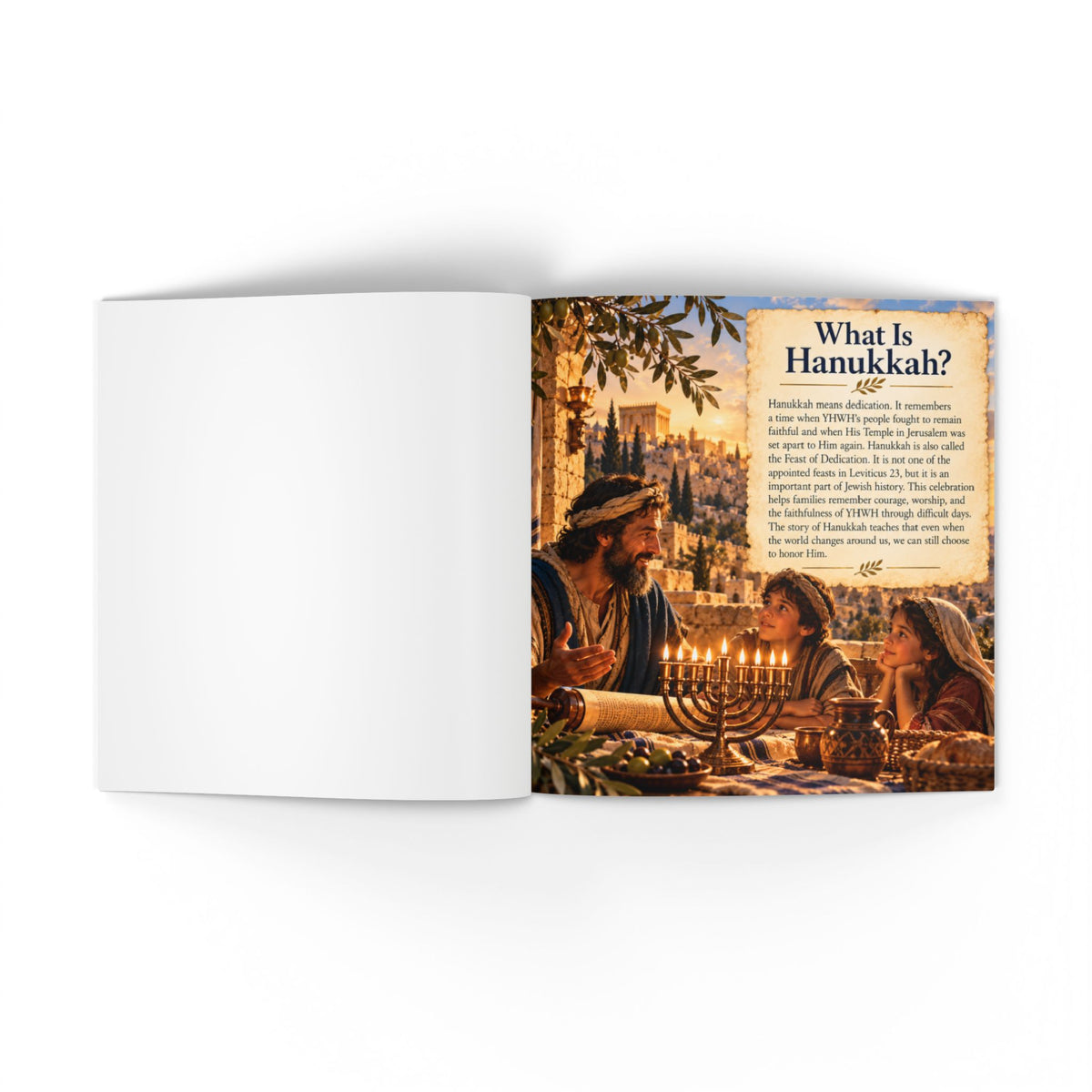 An open book or booklet shown on a clean white background, with the right page featuring a printed holiday scene and the heading 'What Is Hanukkah?'.
