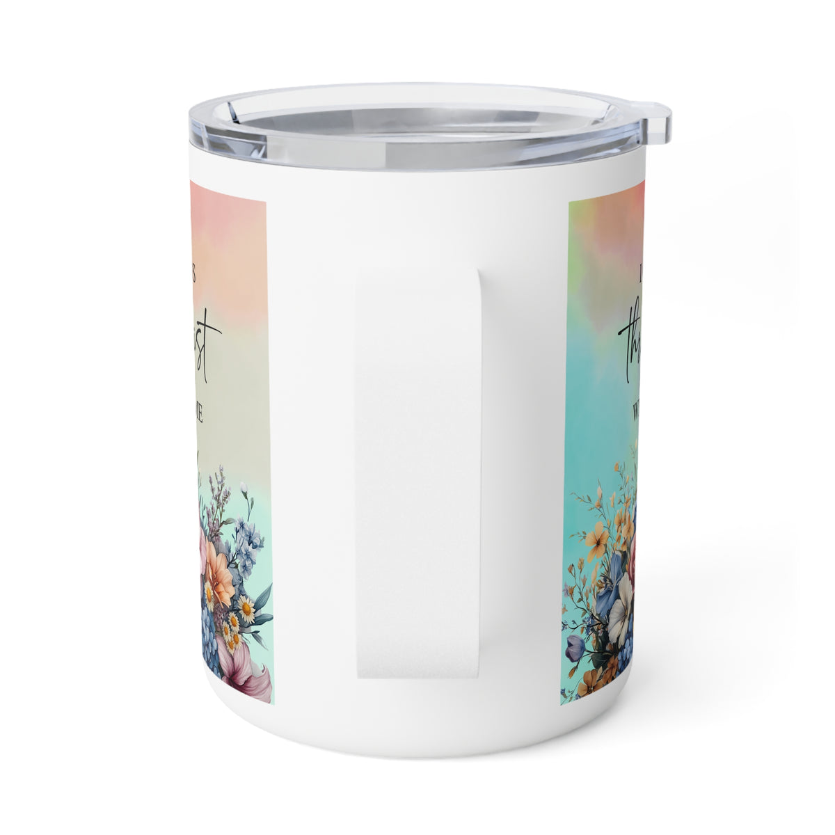 A white insulated travel mug with a clear lid, featuring pastel floral artwork and script text printed on the sides, shown on a clean white background.